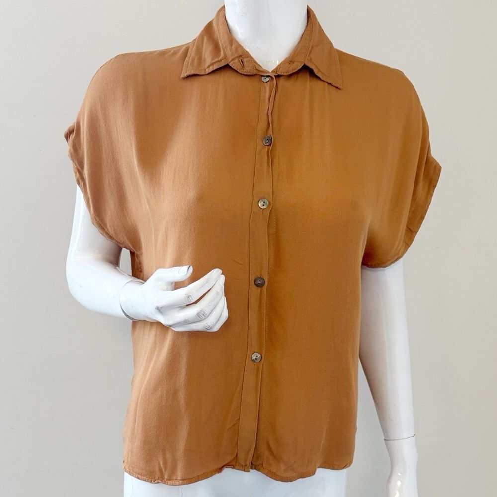 Indah Eliza Solid Button Up Short Sleeve Shirt In Tan Rust Revolve Bamboo Fabric